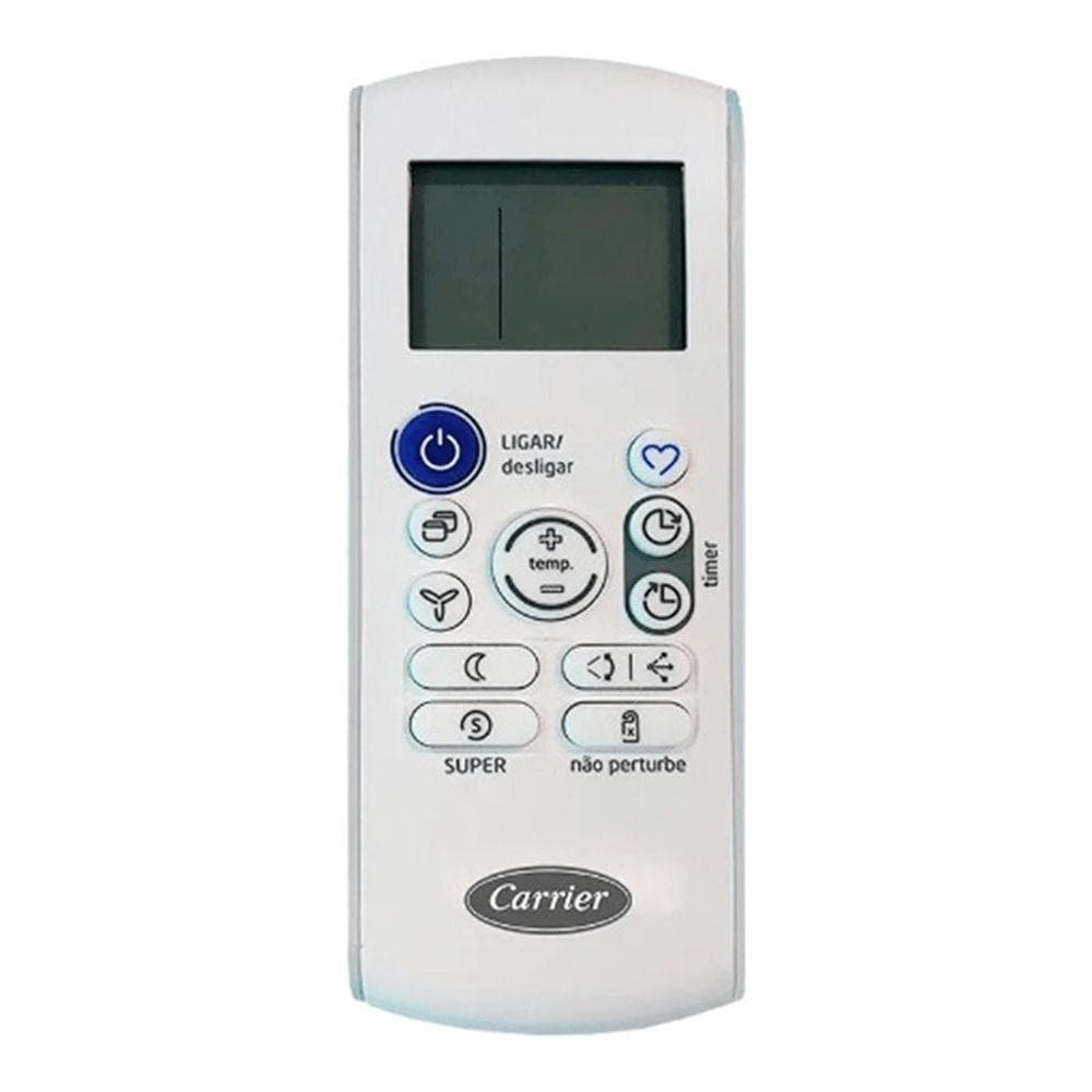 Controle remoto Carrier para ar condicionado, branco, com display e botões de controle.