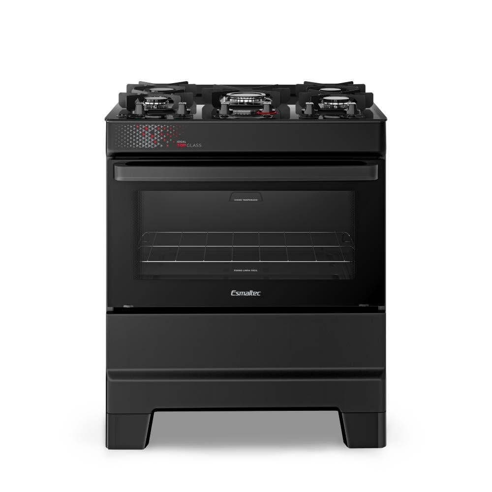 Fogão Esmaltec Ideal Top Glass 5 Bocas Preto Bivolt 0104003080 com vidro temperado e porta de forno preto