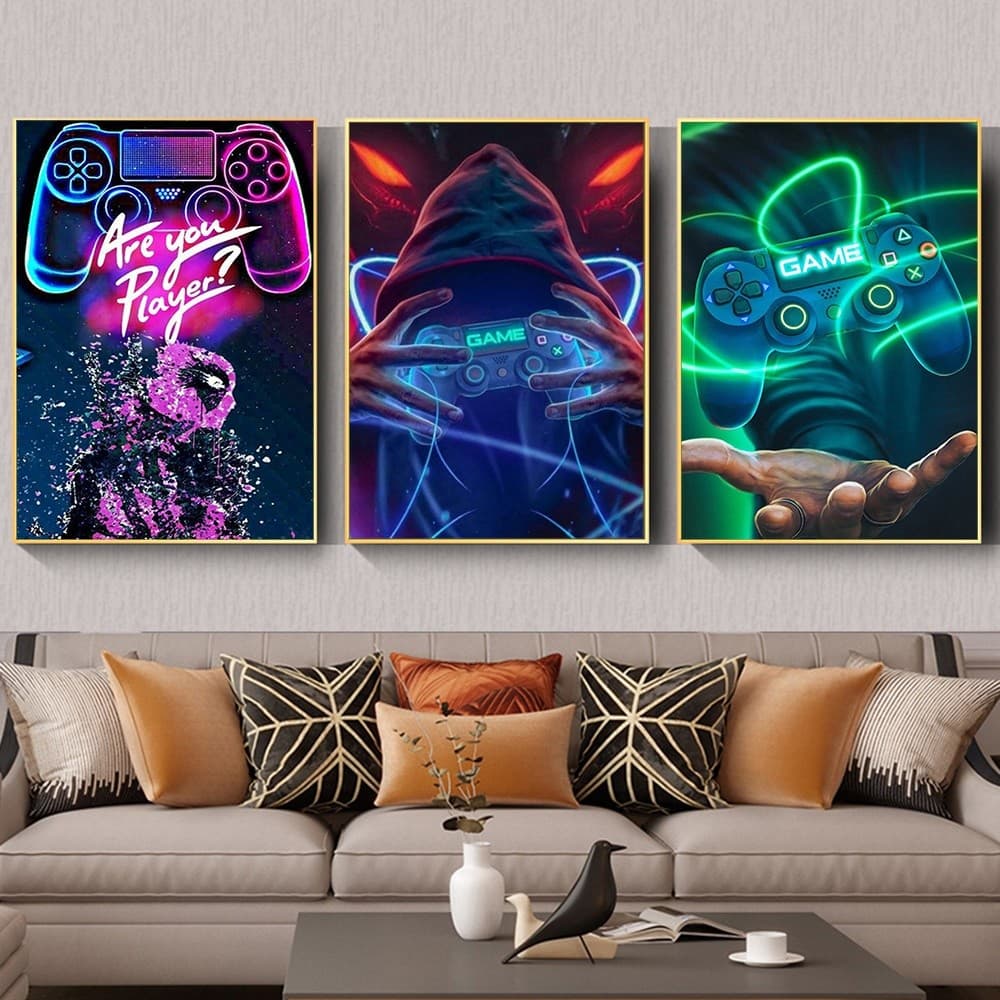 Quadros decorativos gamers neon 40x60 para sala de estar, controles de videogame e texto colorido