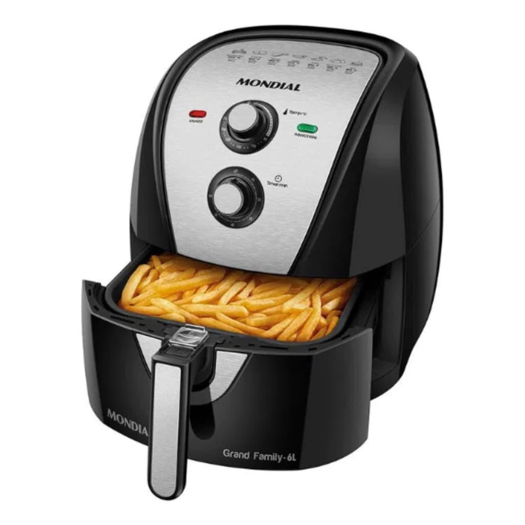 Fritadeira elétrica sem óleo Mondial Grand Family-6L, preto e prata, com cesta de batatas fritas
