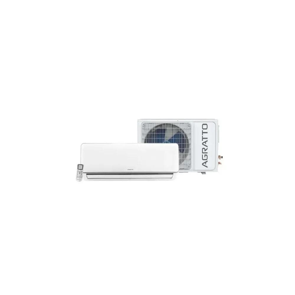 Ar Condicionado NEO ICS18F-02 18000 220V Agratto, unidade externa branca com grade metálica e texto preto, unidade interna branca.