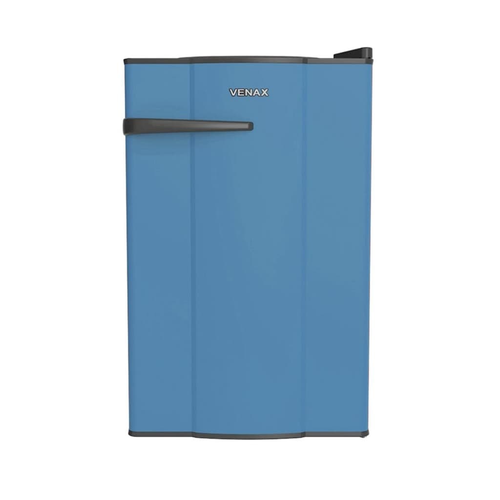 Frigobar azul vertical com porta de vidro e alça preta