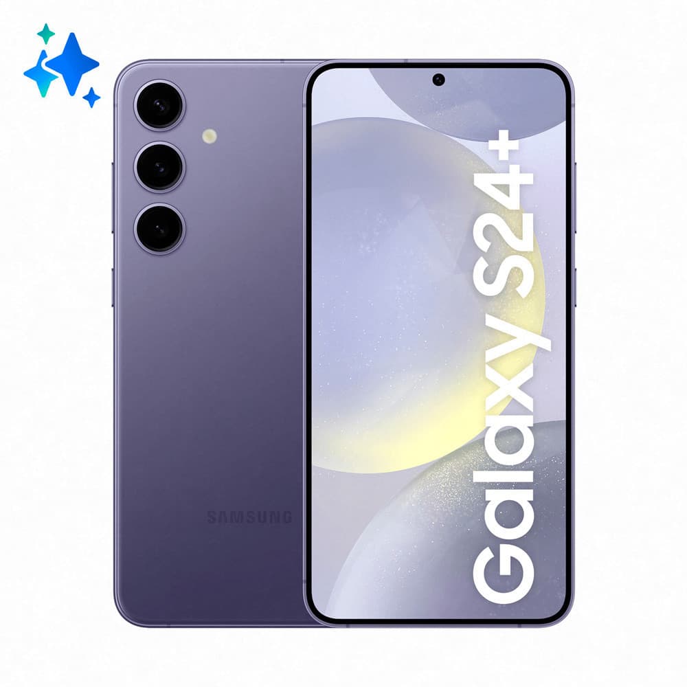 Smartphone Samsung Galaxy S24+ violeta com câmera tripla e logo Samsung na parte traseira