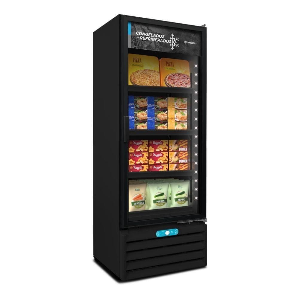 Freezer vertical preto com porta de vidro 490 litros, exibindo alimentos congelados