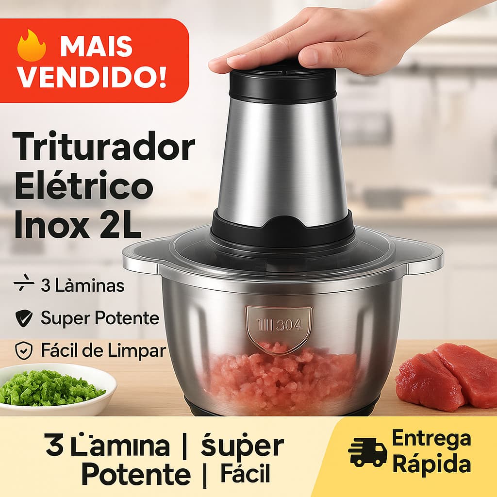 Triturador elétrico de alimentos 2L em aço inoxidável, 3 lâminas, fácil de limpar, super potente