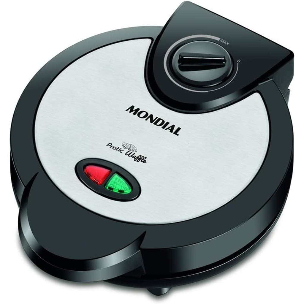 Máquina de Waffle Antiderrapante GW-01 Maker Pratic Inox Mondial, aço inoxidável, controle de temperatura, botões vermelho e verde