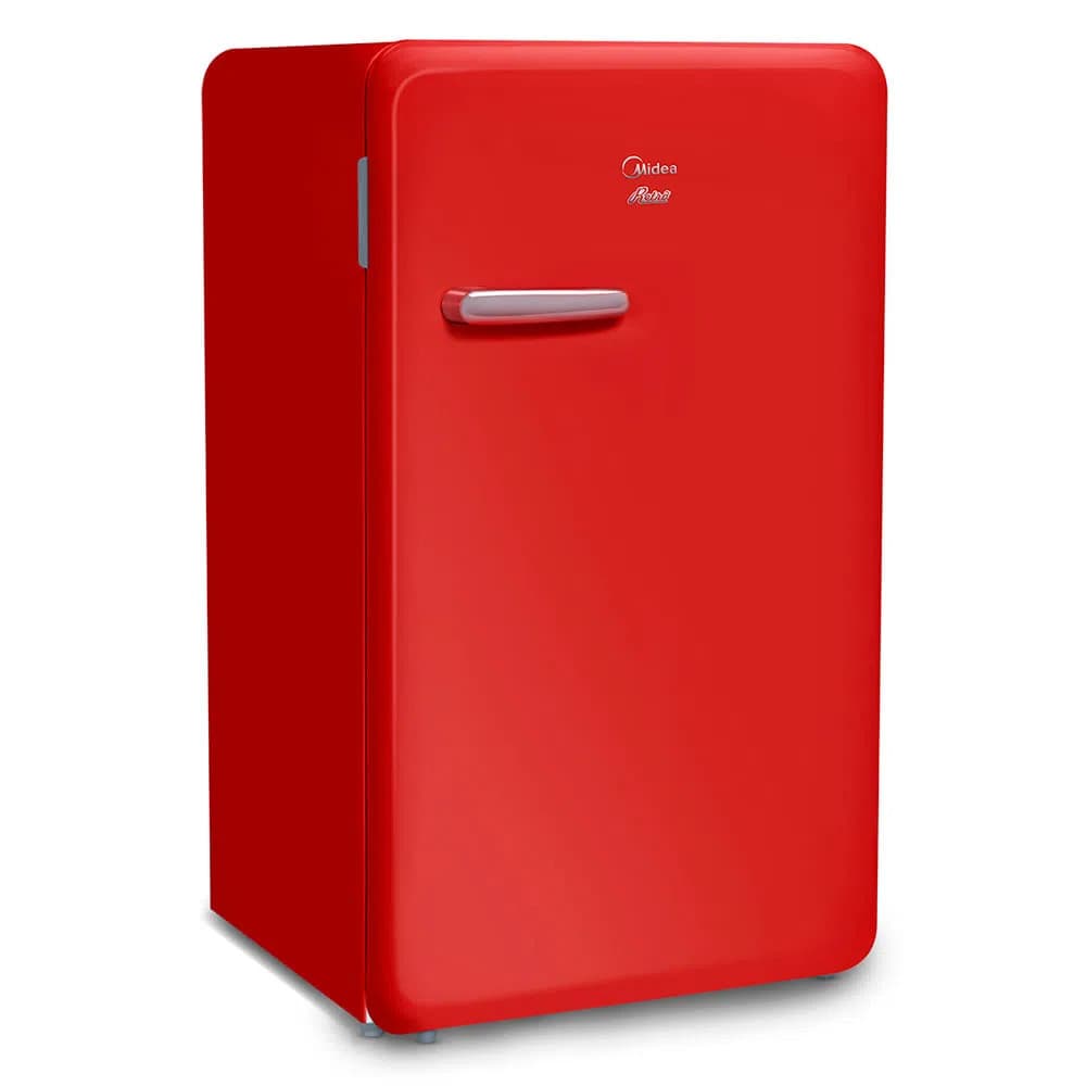 Frigobar retrô vermelho rubi Midea 95 litros com puxador prateado