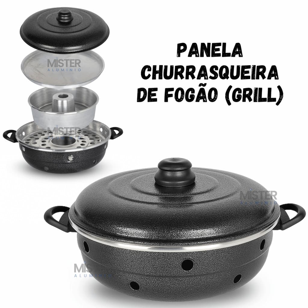 Churrasqueira multiuso preta para fogão a gás, com tampa e compartimentos, marca Mister.