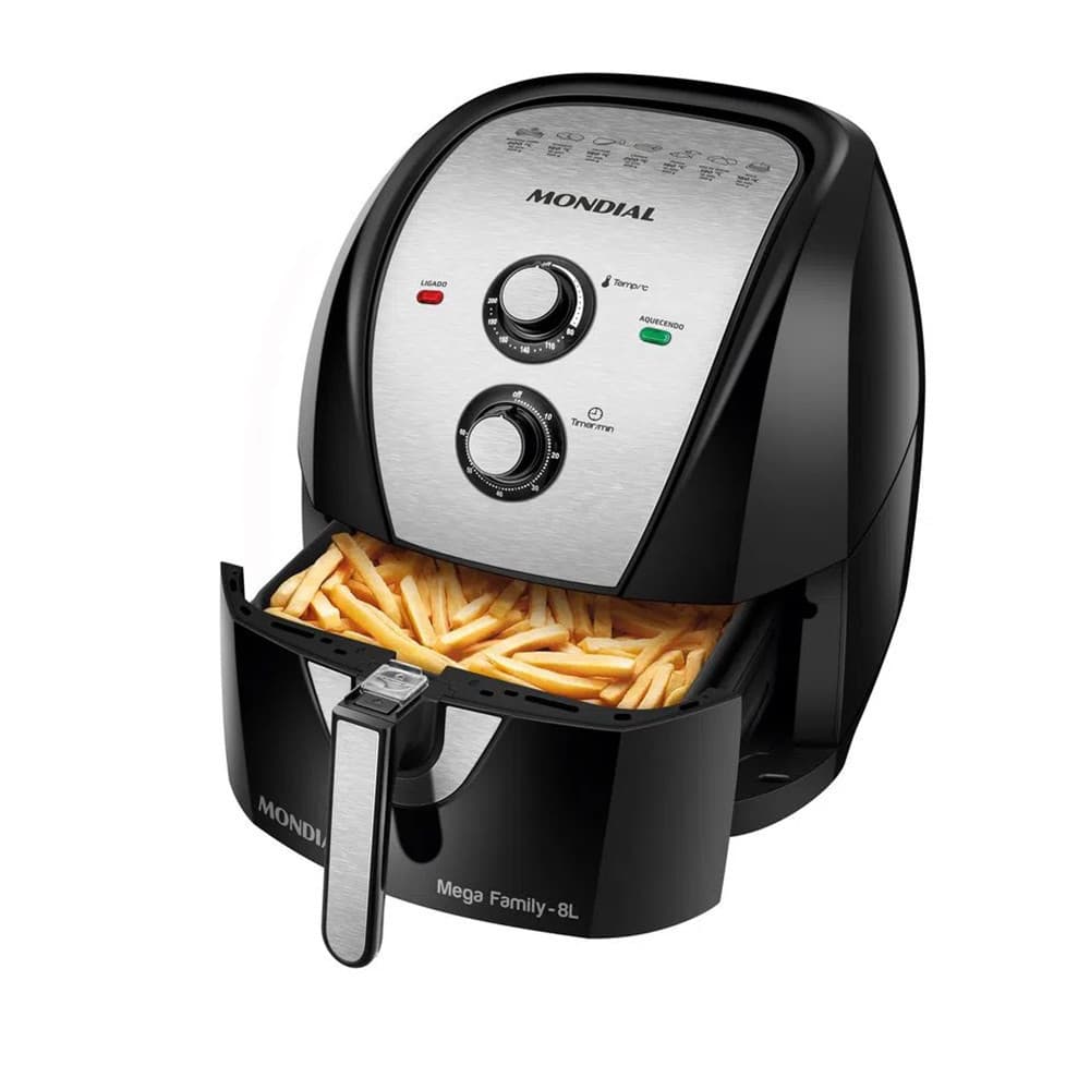Fritadeira Elétrica Air Fryer 8 Litros Mondial AFN80 5993-02 com cesto cheio de batatas fritas