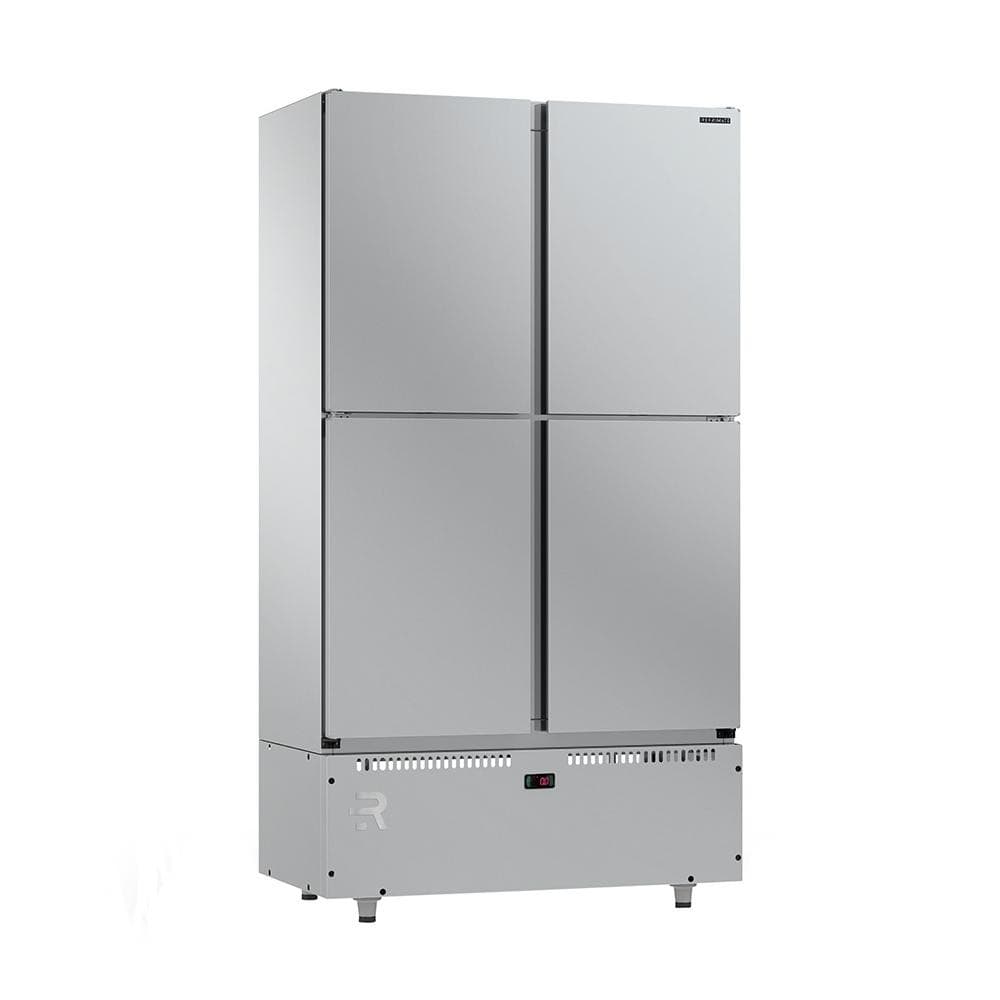 Mini câmara de congelamento com quatro portas, cor prata, design moderno, fundo branco