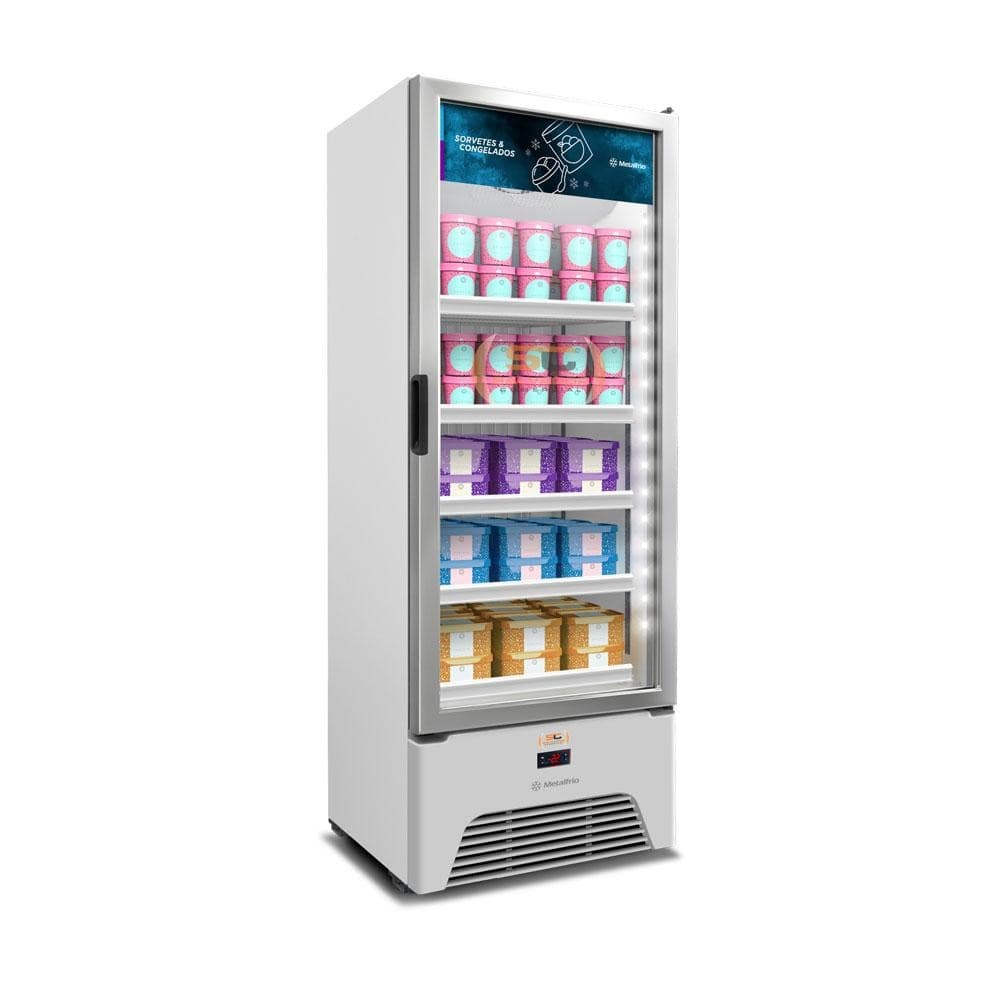 Freezer vertical inversor com porta de vidro, 490/581L, 220v, cor branca, exibindo sorvetes e alimentos congelados
