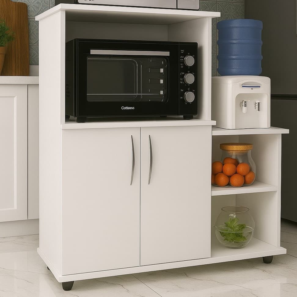 Balcão organizador branco com fruteira e suporte para micro-ondas
