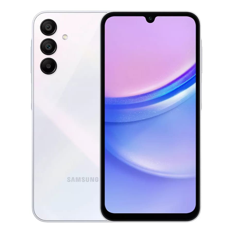 Smartphone Samsung Galaxy A15 4G, branco, frente com câmera quadrada e logotipo Samsung
