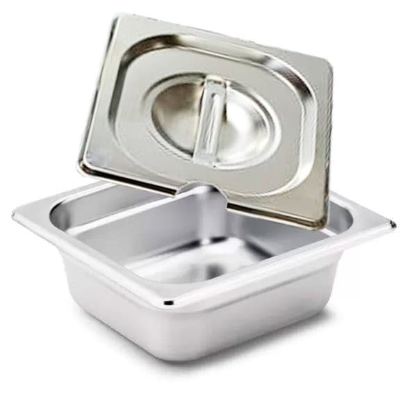 Cuba Gastronômica Inox GN 1/6x65 mm 1,0 L COM TAMPA INOX COM ABERTURA PARA COLHER