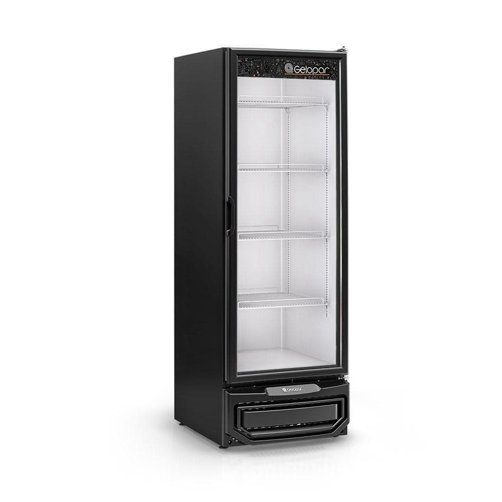Freezer vertical preto com porta de vidro transparente Gelopar 577l