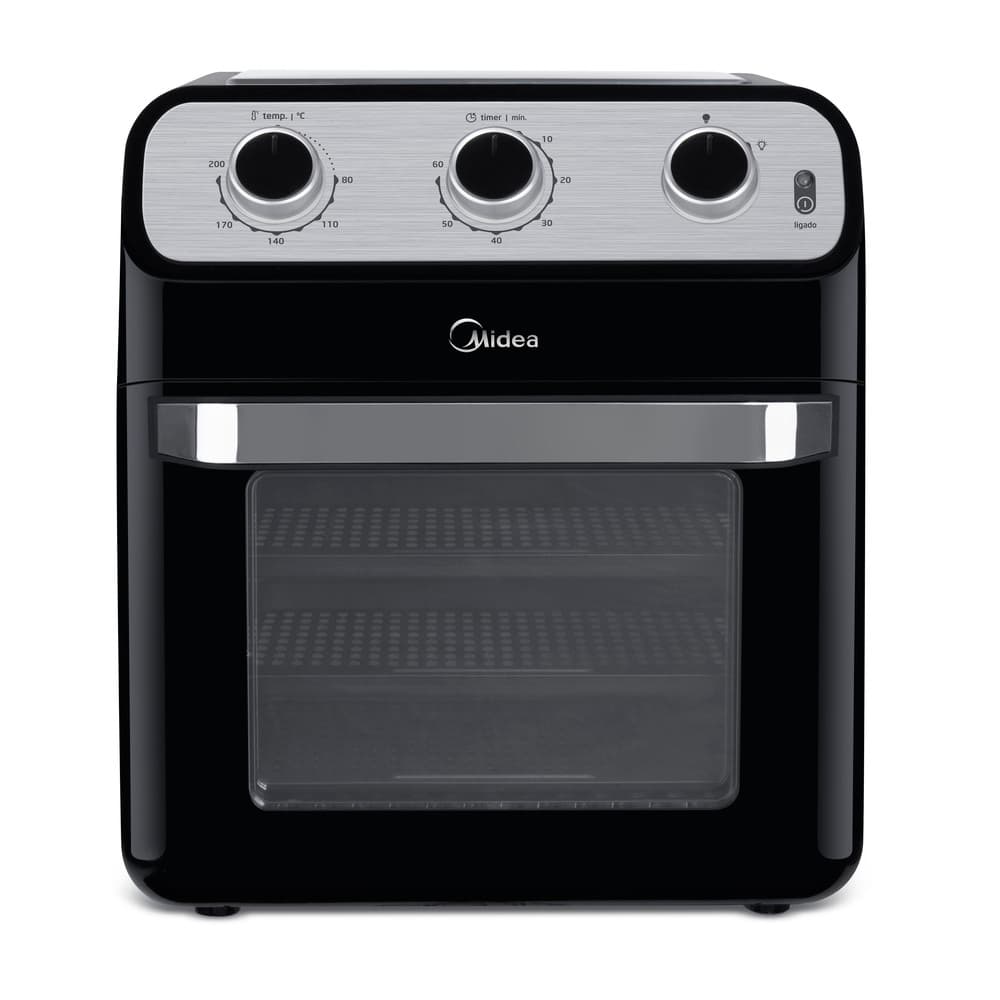 Fritadeira elétrica Air Fryer Midea Ovenfryer 12L FFA20P preta com controles de temperatura e tempo