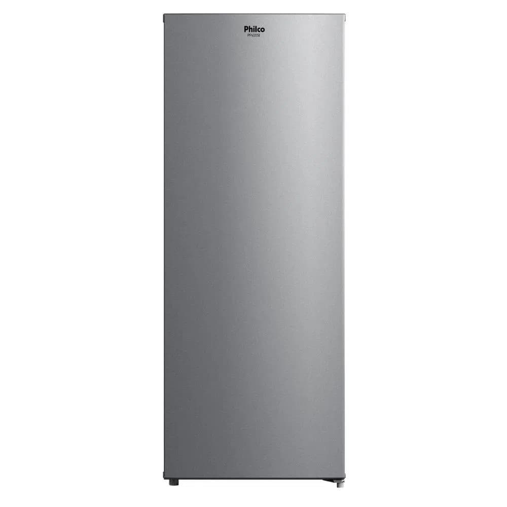 Freezer e refrigerador vertical Philco 201 litros PFV205I Premium Inox, cor prata, logo da marca Philco