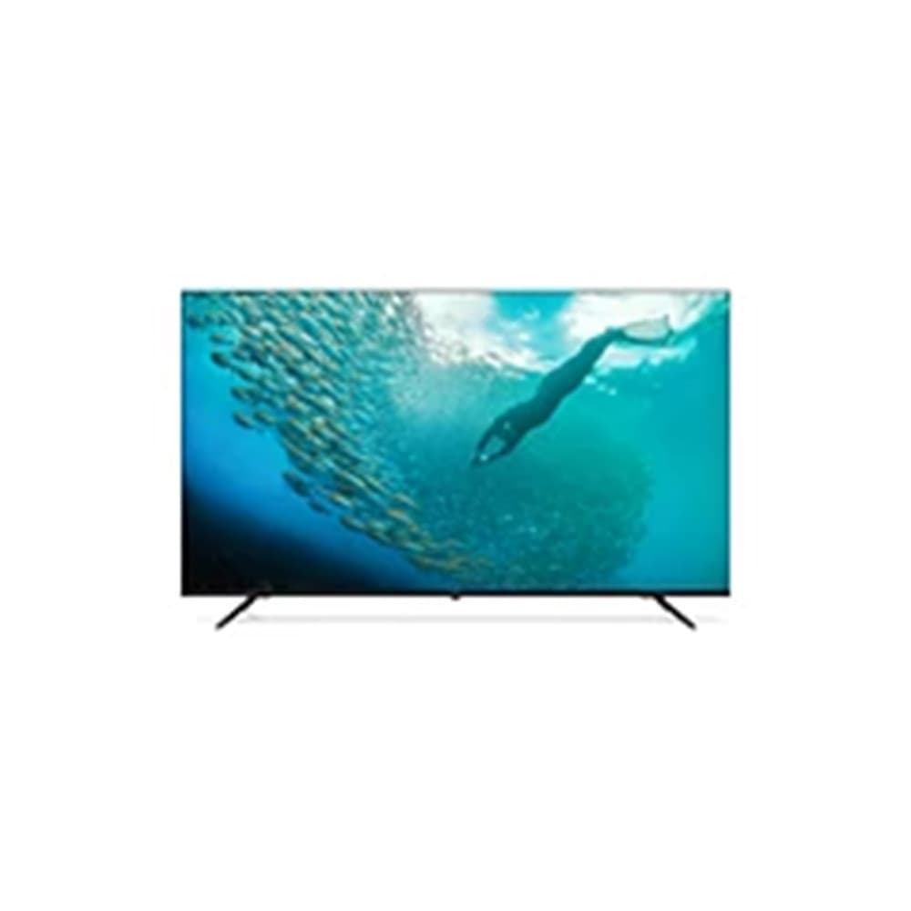 TV Philips 75 polegadas 4K exibindo cena submarina de cardumes de peixes
