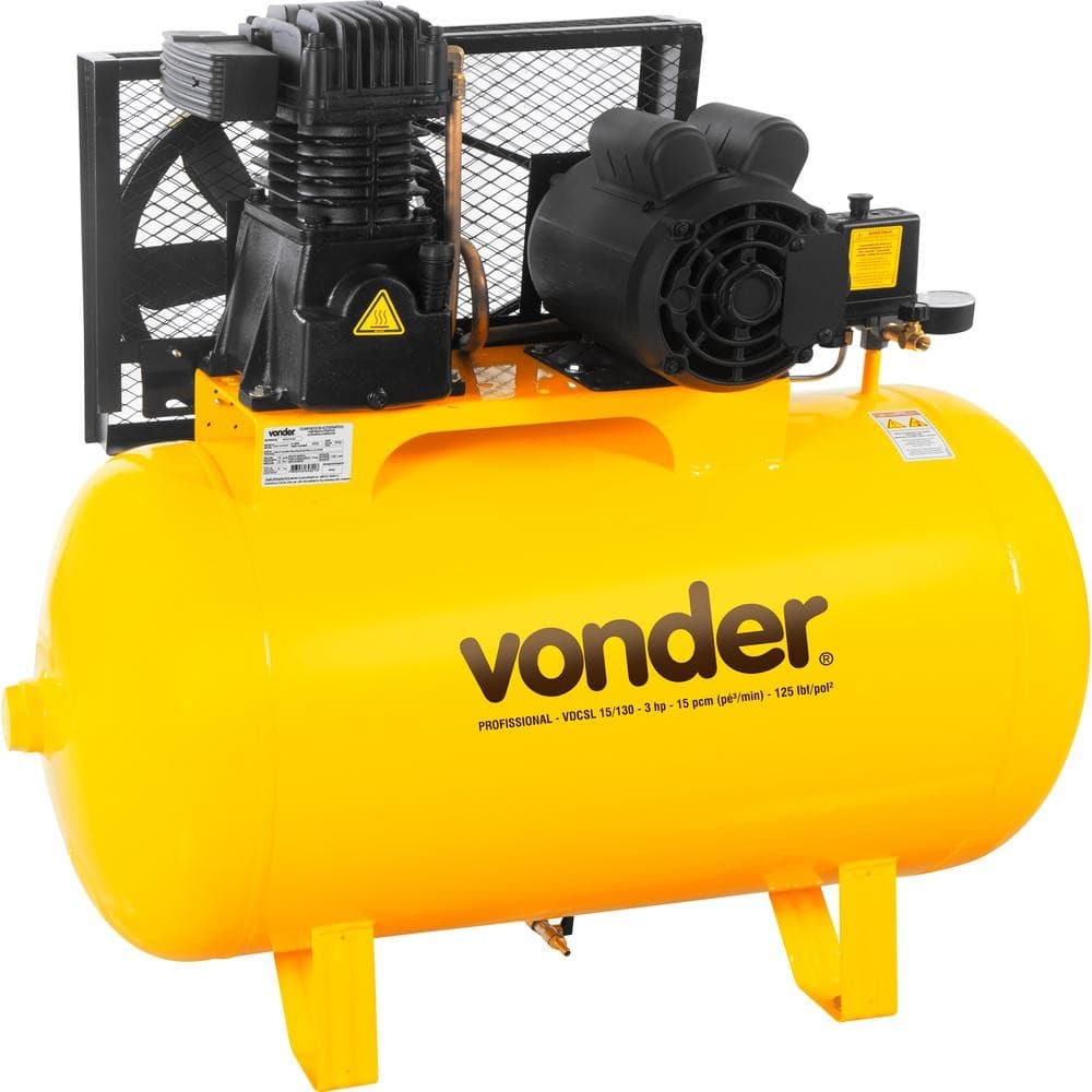 Compressor de ar trifásico 220V/380V Vonder, amarelo, com motores pretos e logo Vonder