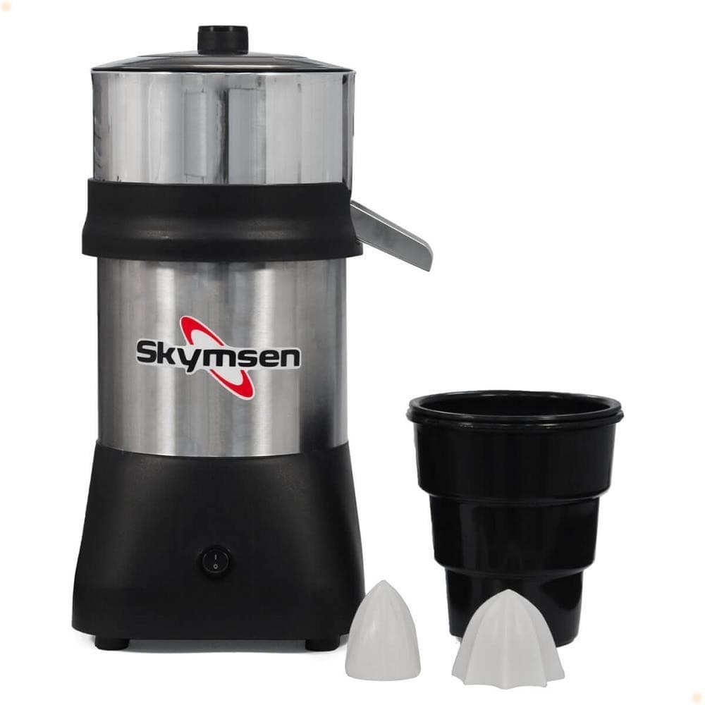 Extrator de sucos Skymsen EX em aço inox e câmara em alumínio bivolt com coletor preto e filtros brancos