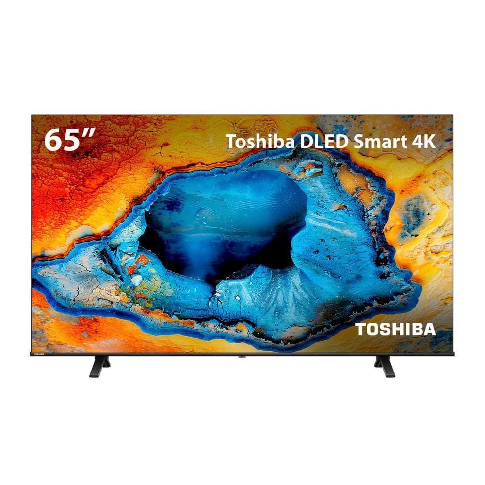 Smart TV Toshiba DLED 65 polegadas 4K com tela azul e laranja