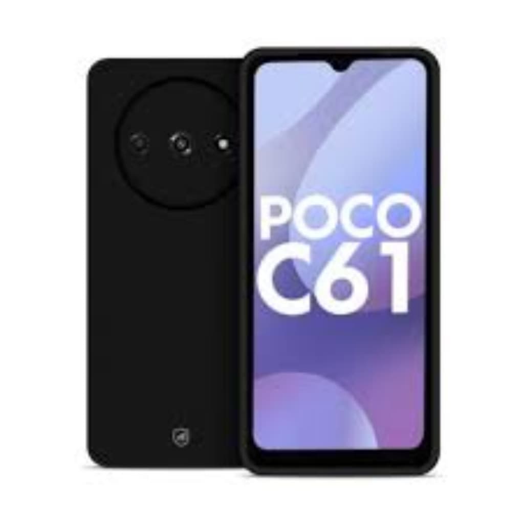 Smartphone Xiaomi POCO C61 em preto com câmeras circulares e logotipo na tela