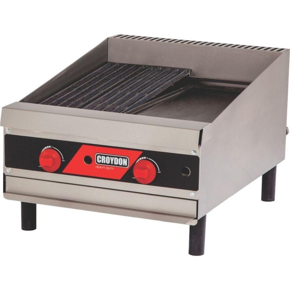 Char Broiler a gás Croydon CCP2 50x47 cm em aço inoxidável com grelha preta e botões vermelhos