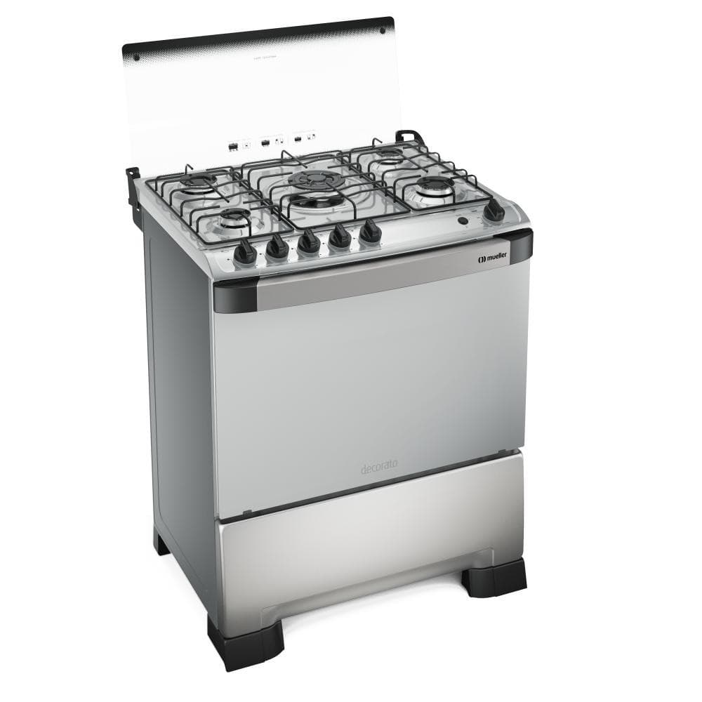 Fogão Mueller 5 Bocas Mesa de Vidro Inox - Decorato Vetro G3 com queimadores a gás e tampa aberta