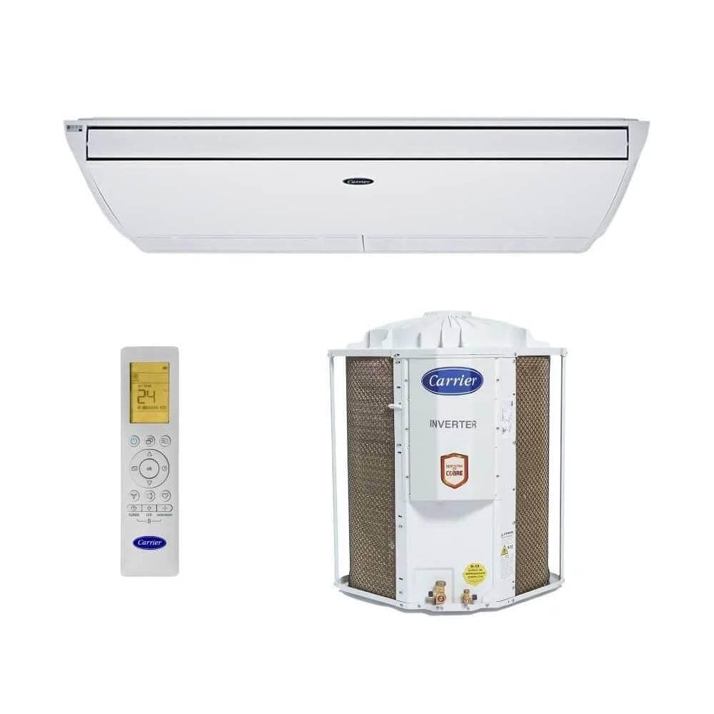Ar Condicionado Split Piso Teto Inverter Carrier Xpower Connect 30000 BTUs, unidade externa branca e controle remoto.