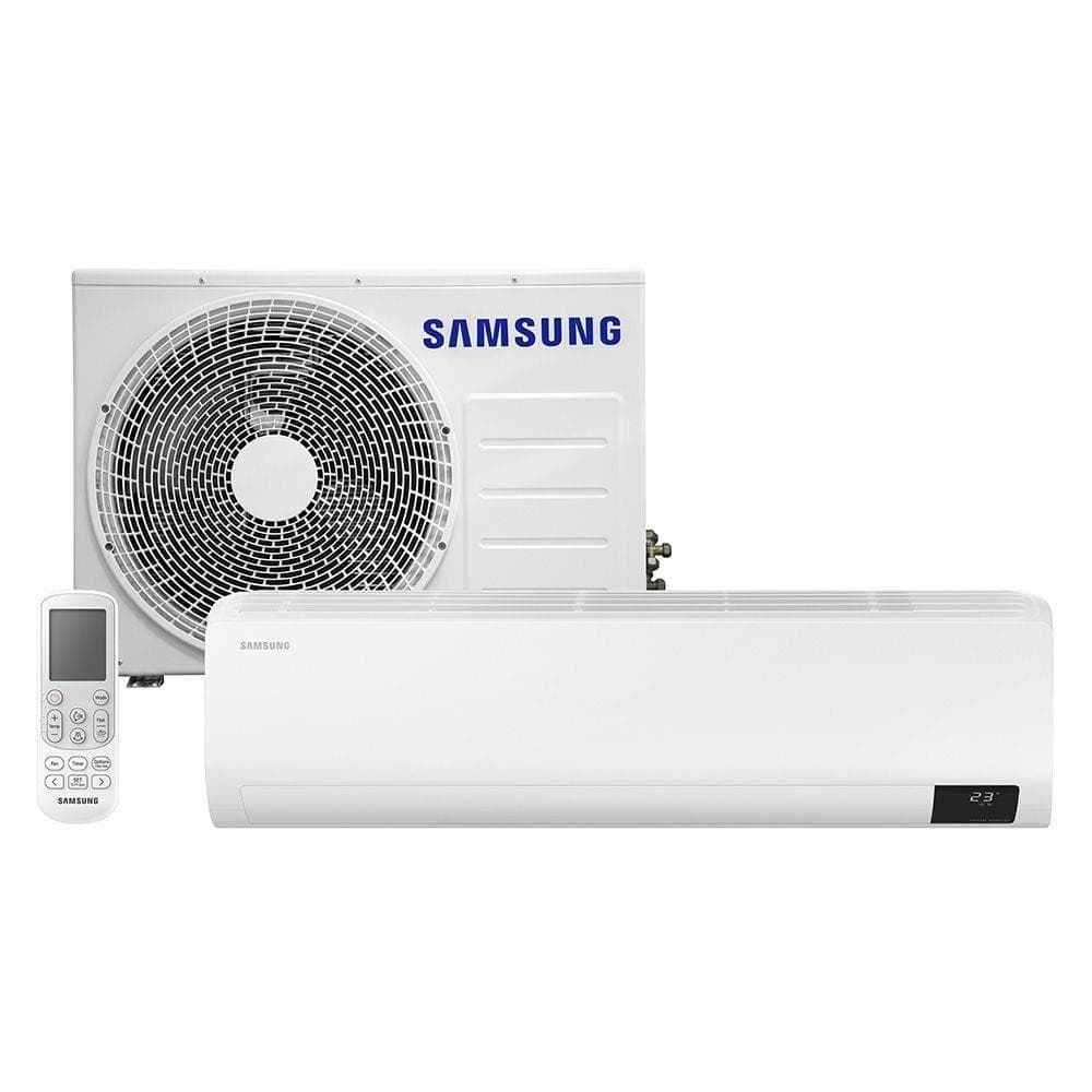 Ar-condicionado split Samsung branco com controle remoto, unidade externa com ventilador preto e texto 'SAMSUNG' em azul, unidade interna branca com tela digital.