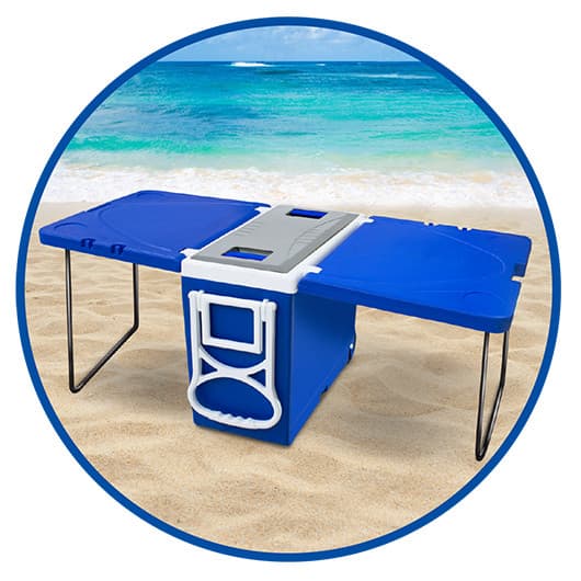 Caixa térmica multifuncional azul e branca com mesas e cooler 32L Arqplast