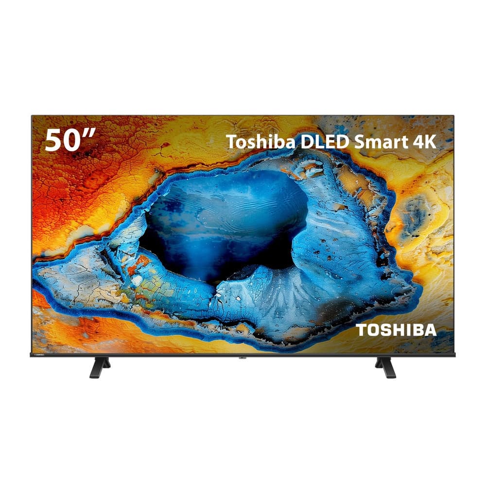 Smart TV DLED 50 4K Toshiba com tela exibindo paisagem abstrata.