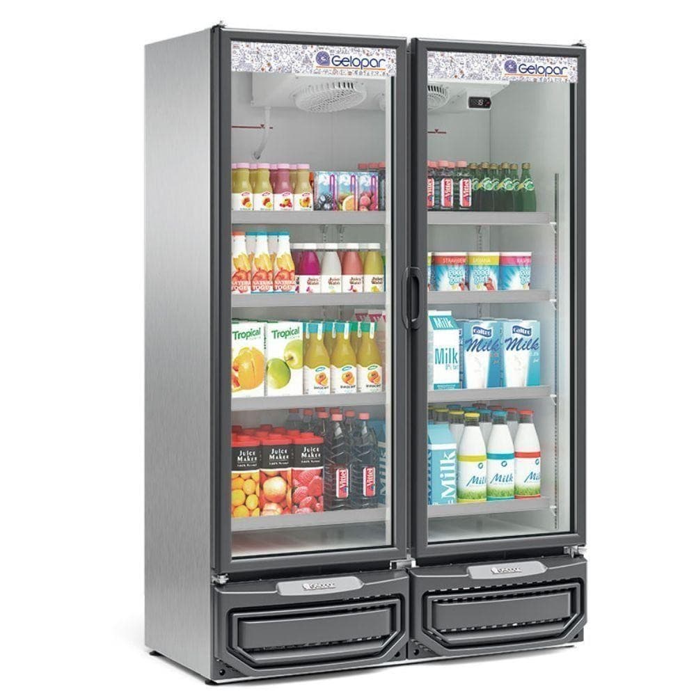 Expositor vertical Gelopar GCVR950, 957 litros, aço inoxidável, portas de vidro, bebidas e laticínios visíveis