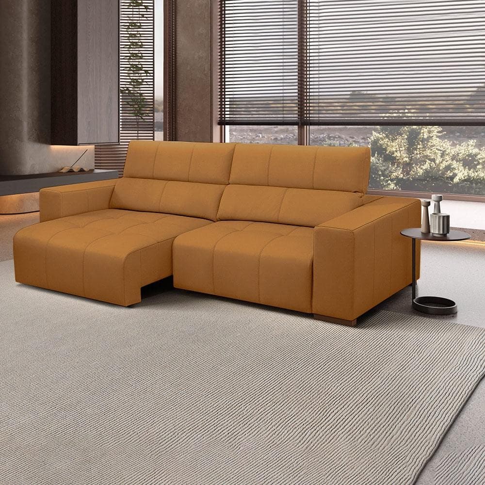 Sofá decorativo Barbosa 5 lugares reclinável retrátil couro caramelo sala de estar