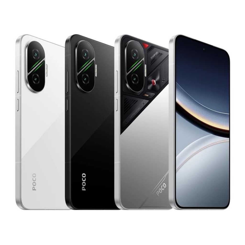 Smartphone Xiaomi Poco F7 5G em três cores: branco, preto e prata, com design de bordas curvas e módulo de câmera quadrado.