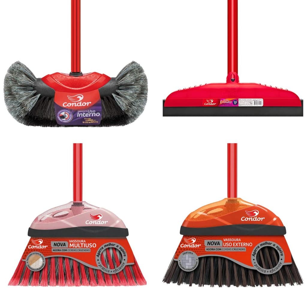 Kit de limpeza Condor com vassouras e rodo, cores vermelho e preto