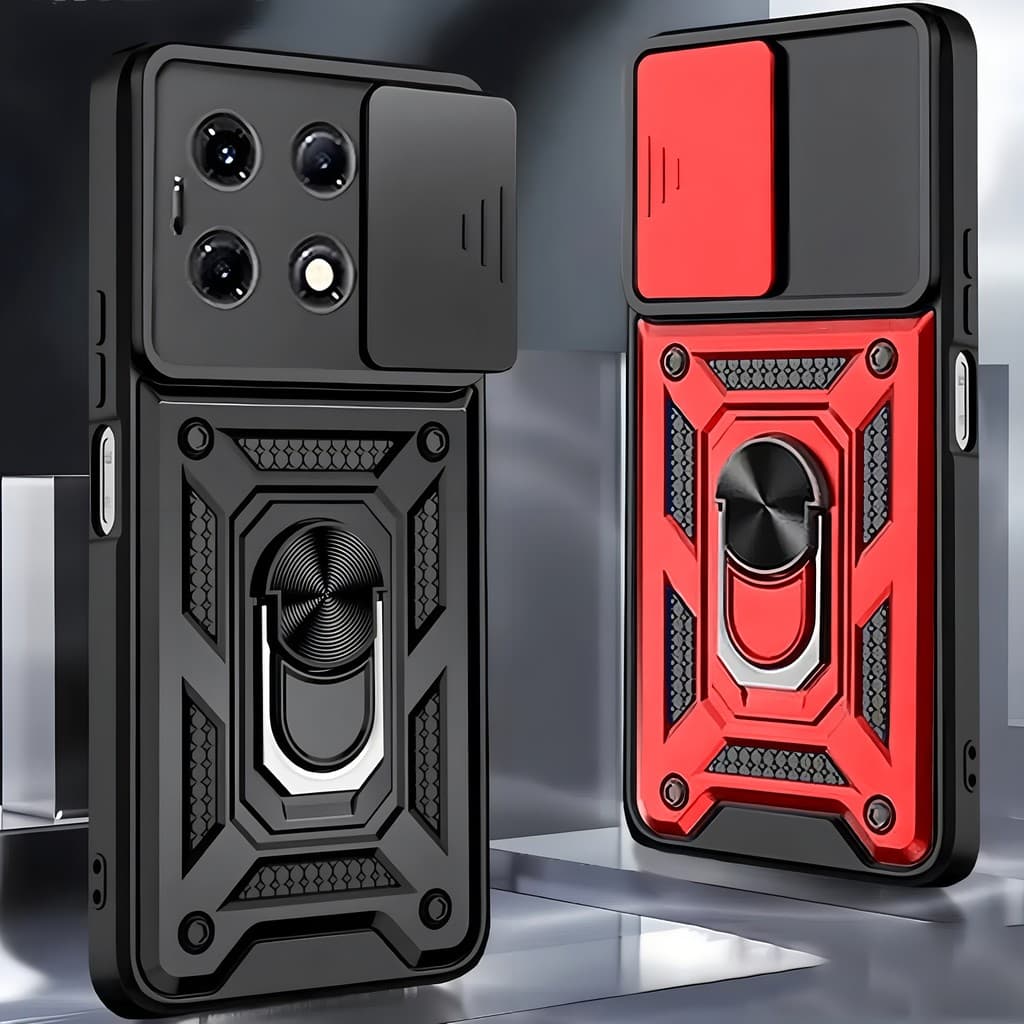 Capa protetora em armadura para smartphone Xiaomi, preto e vermelho, com design em relevo para câmera.