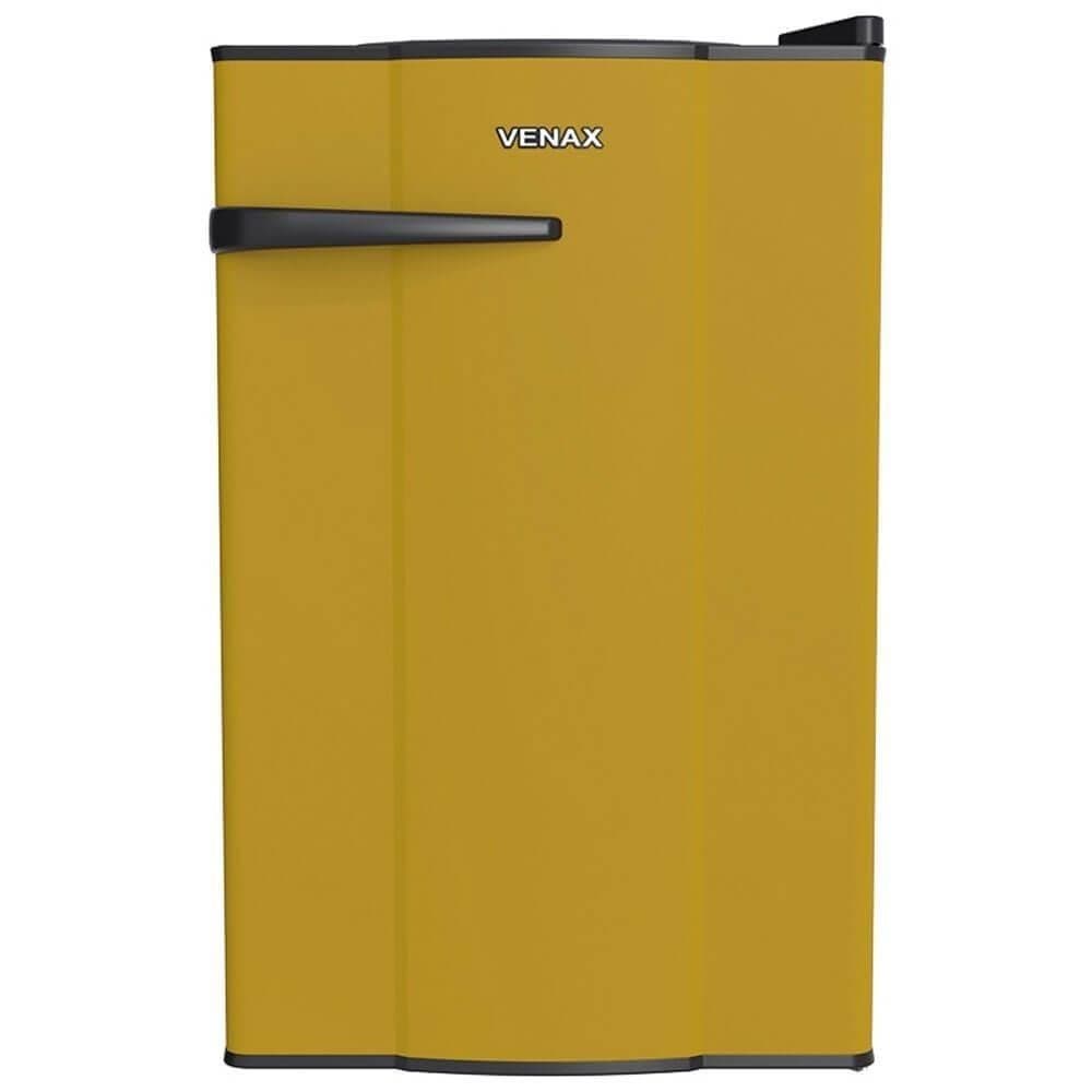 Frigobar Venax NGV 10 Amarelo 127V 7160 - geladeira vertical amarela com logo VENAX