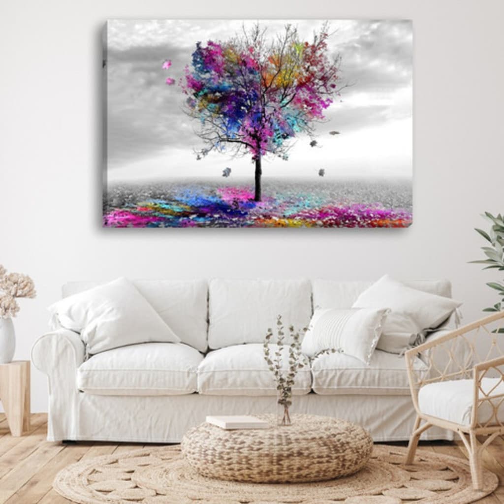 Quadro decorativo tela canvas árvore colorida paisagem moderna