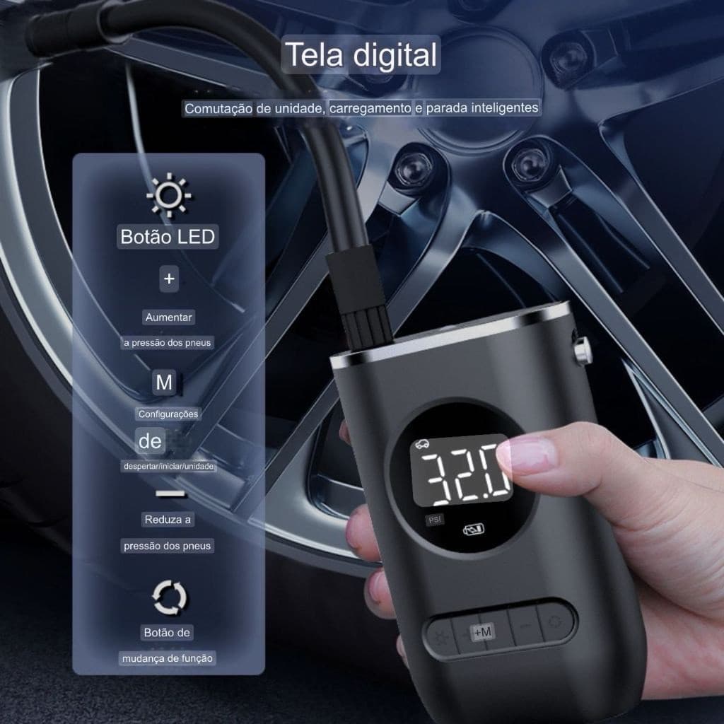 Mini compressor de ar digital portátil com tela digital, conectado a um pneu de carro, mostrando pressão de 320.