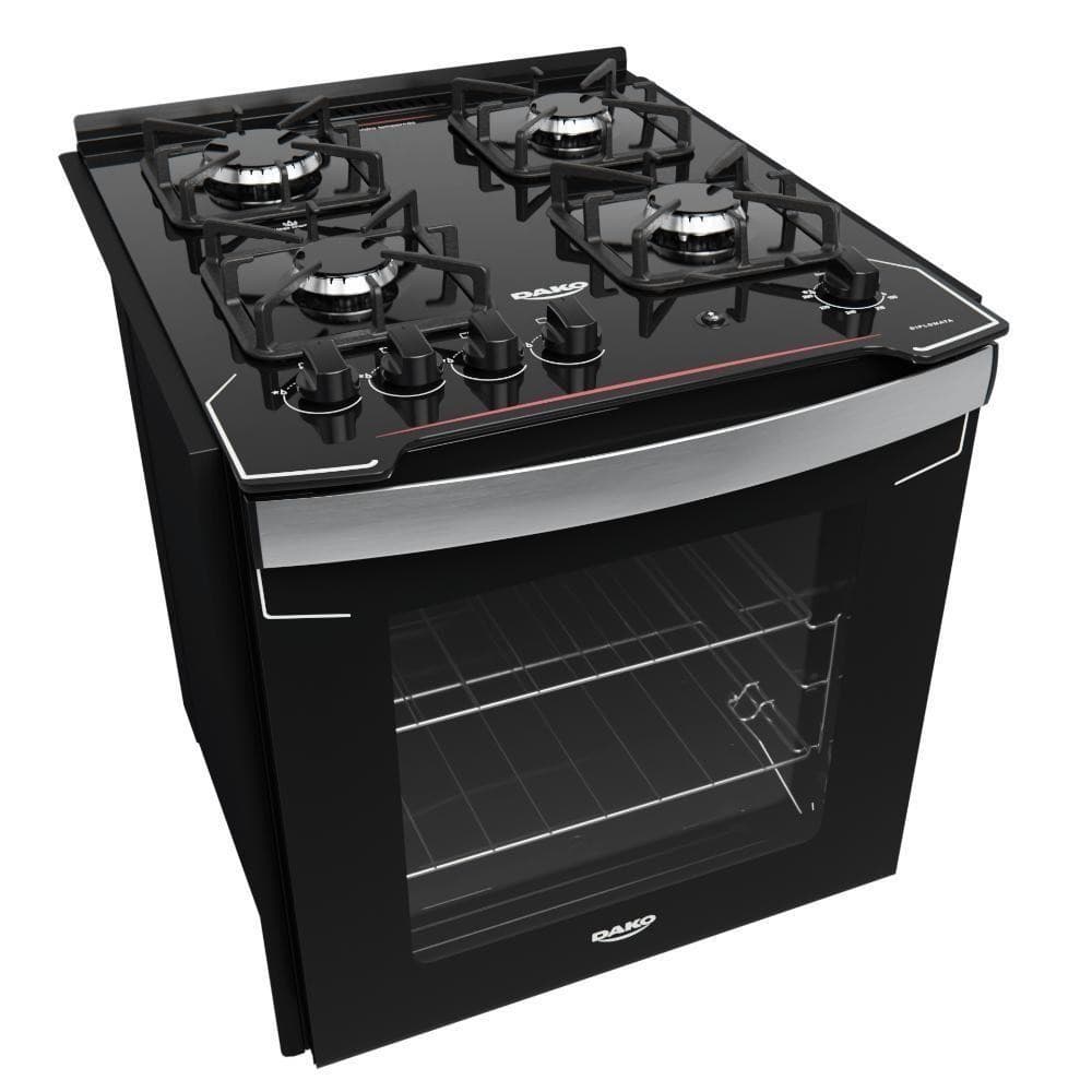 Fogão de embutir preto Dako com quatro queimadores e porta do forno aberta