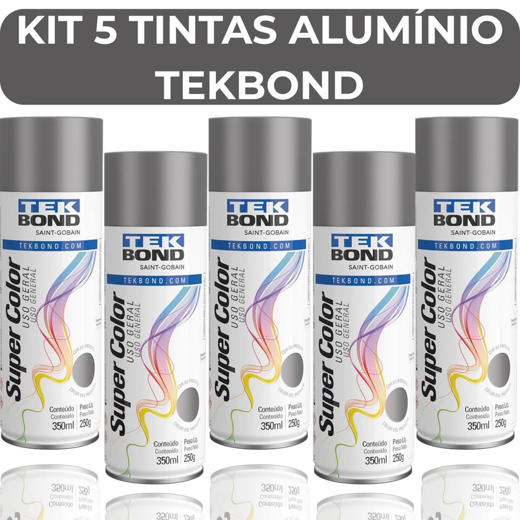Kit 5 Tintas Spray Aluminio Uso Geral 350ml Tekbond Secagem Rápida Metal Madeira Ferro MDF Aluminio