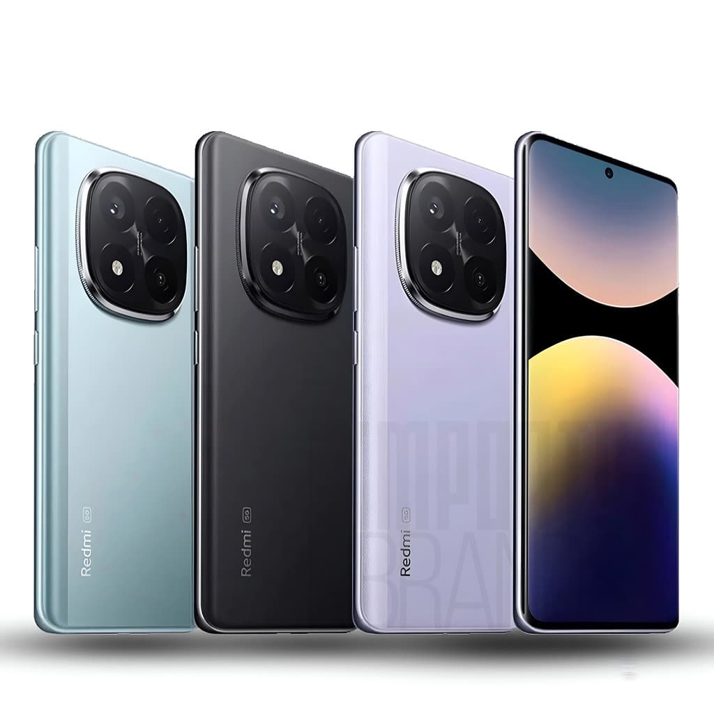 Smartphone Xiaomi Redmi Note 14 Pro+ em quatro cores: azul, preto, cinza e branco, mostrando a câmera traseira e o logotipo Redmi