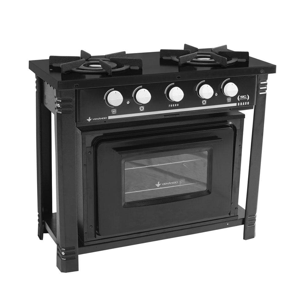 Fogão industrial preto com forno e duas bocas duplas da Venâncio contra fundo branco