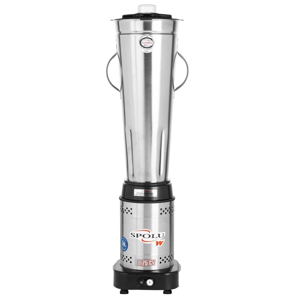 Liquidificador industrial Spolu 10 litros, jarro inox, base preta, frontal