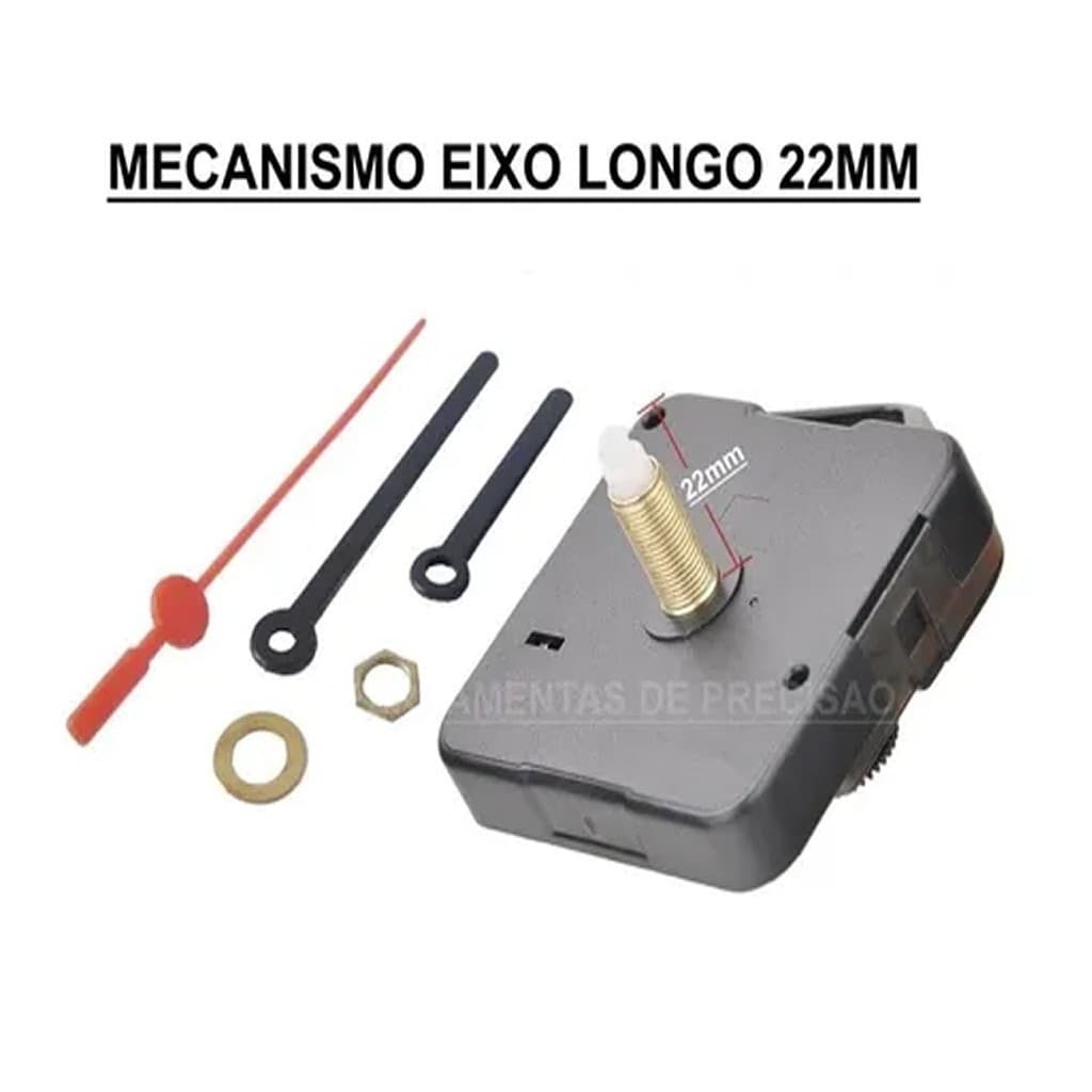 Mecanismo de relógio de parede com eixo longo de 22mm, peças de reposição e texto informativo