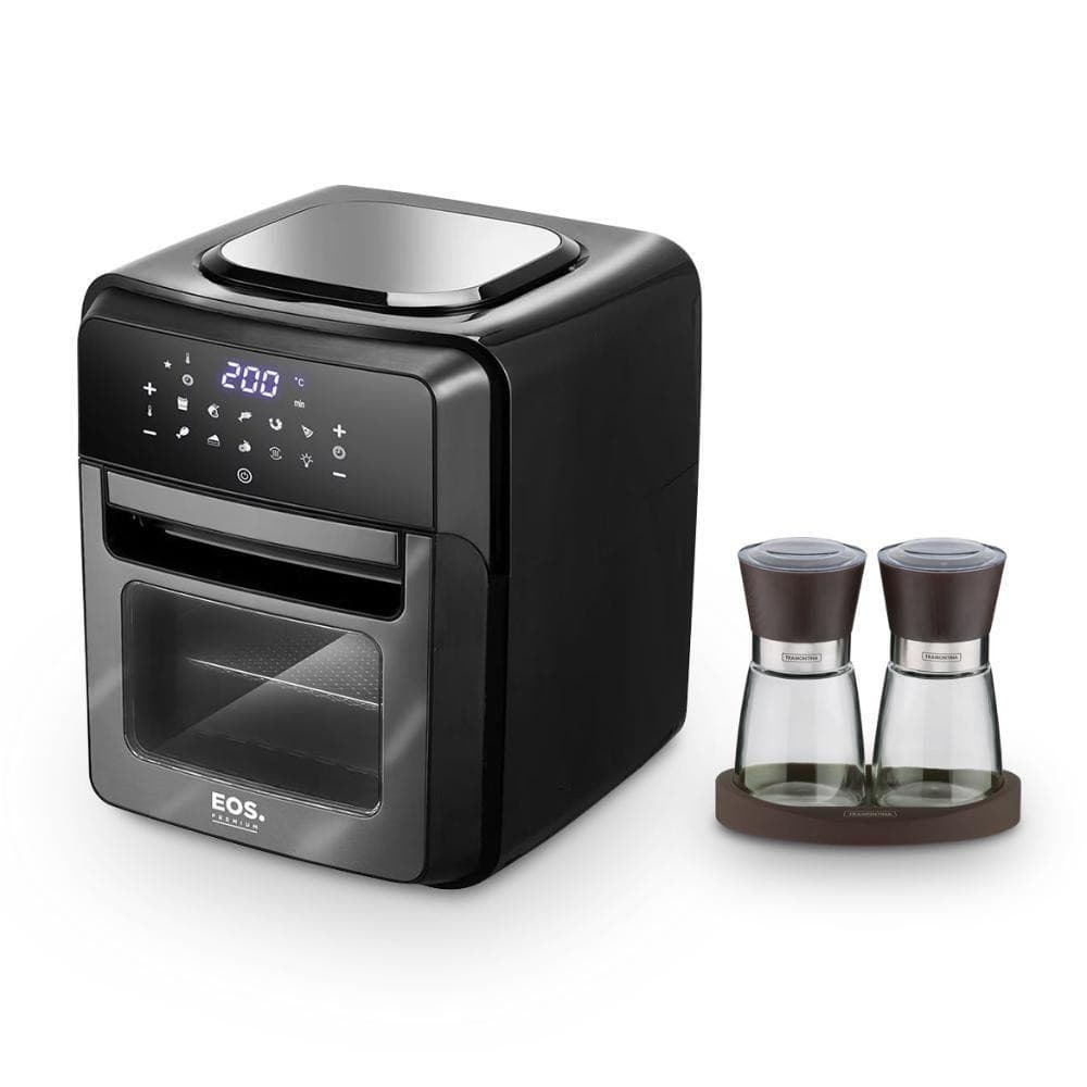 Fritadeira sem óleo EOS EAF12T com moedor de sal e pimenta, design preto e prata, display digital e controles na frente, fundo branco.