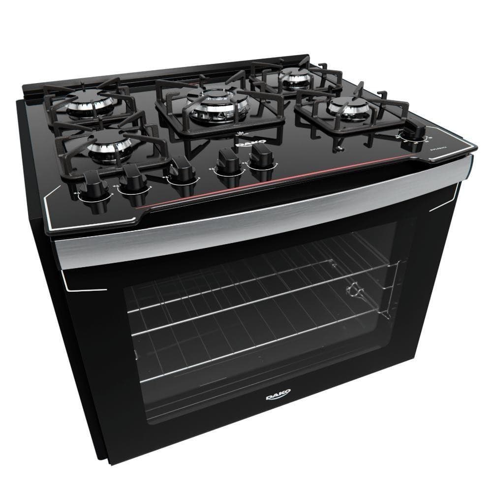 Fogão de embutir preto Dako com cinco queimadores e forno de vidro