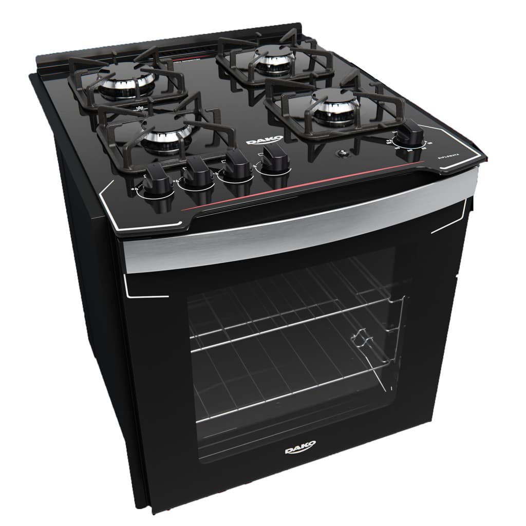 Fogão de embutir Dako com 4 bocas e forno, preto, mesa de vidro, Bivolt