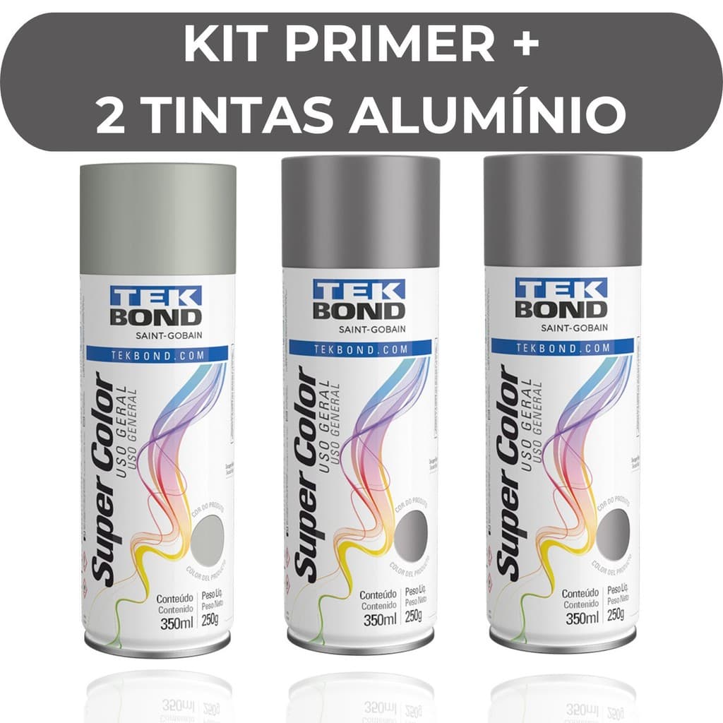 Kit Primer e 2 Tintas Spray Aluminio 350ml Tekbond Secagem Rápida